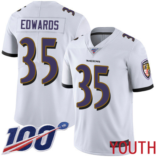 Baltimore Ravens Limited White Youth Gus Edwards Road Jersey NFL Football #35 100th Season Vapor Untouchable->youth nfl jersey->Youth Jersey
